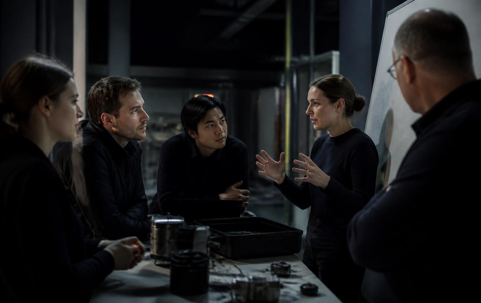 Engineers and researchers discussing hardware in a technical facility