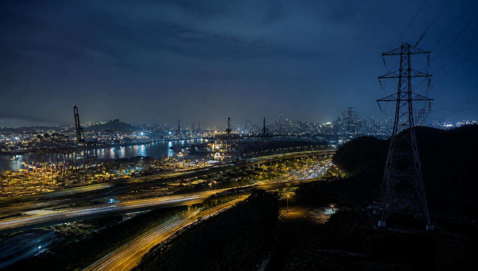 A port, highways and power transmission infrastructure lit at night beside a city