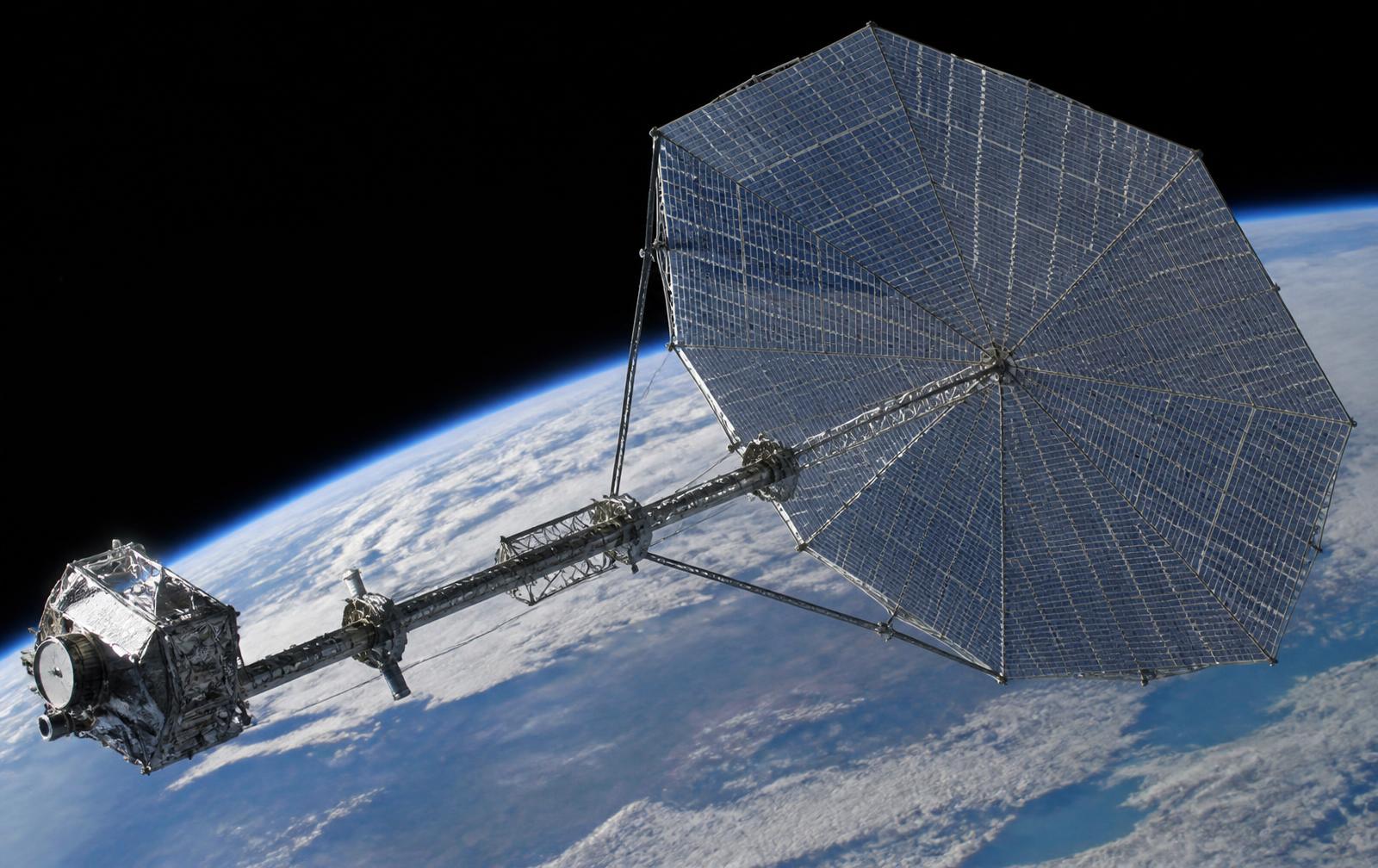 A large solar power array on an orbital structure above Earth