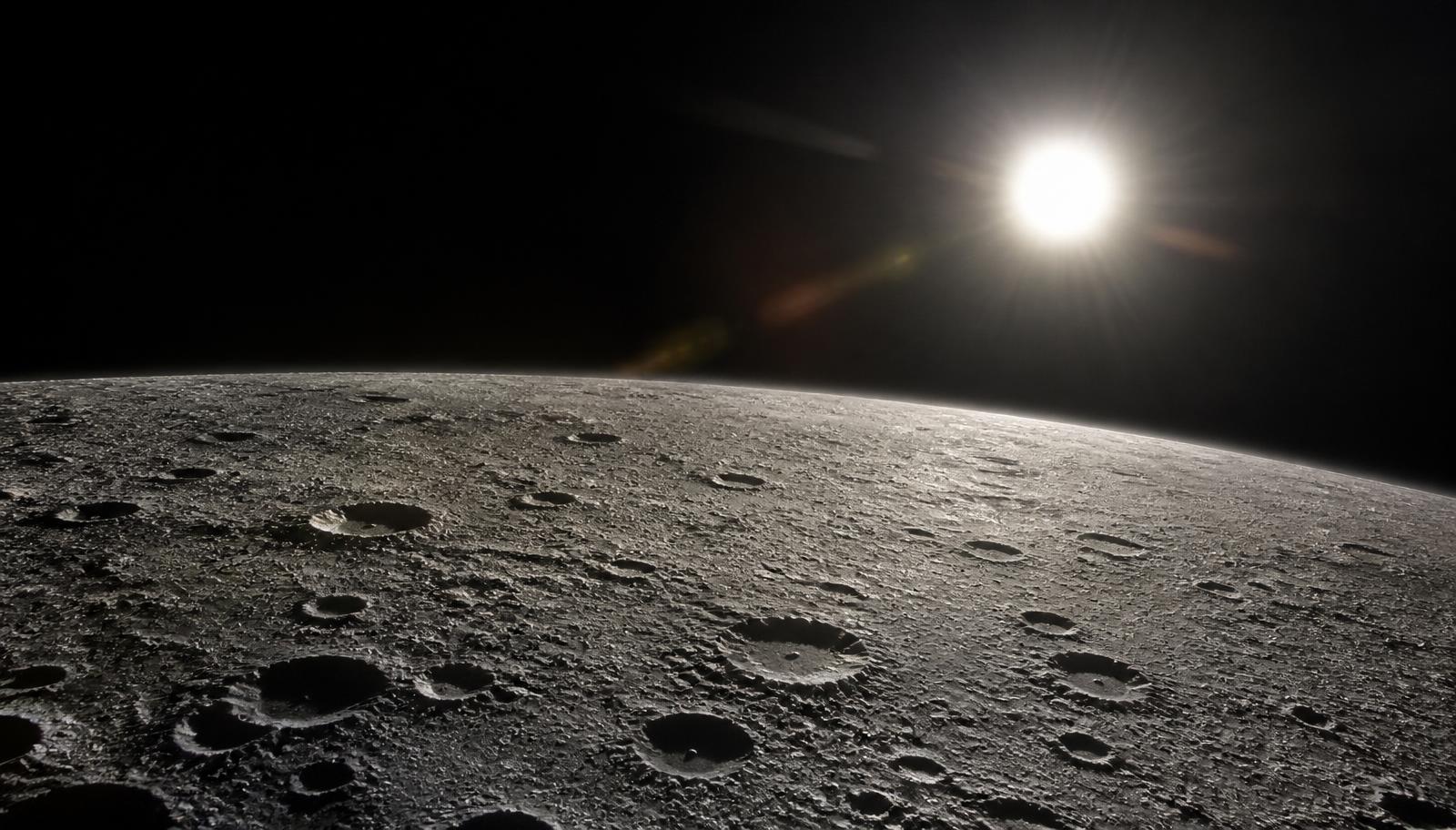 The cratered surface of Mercury under harsh direct sunlight