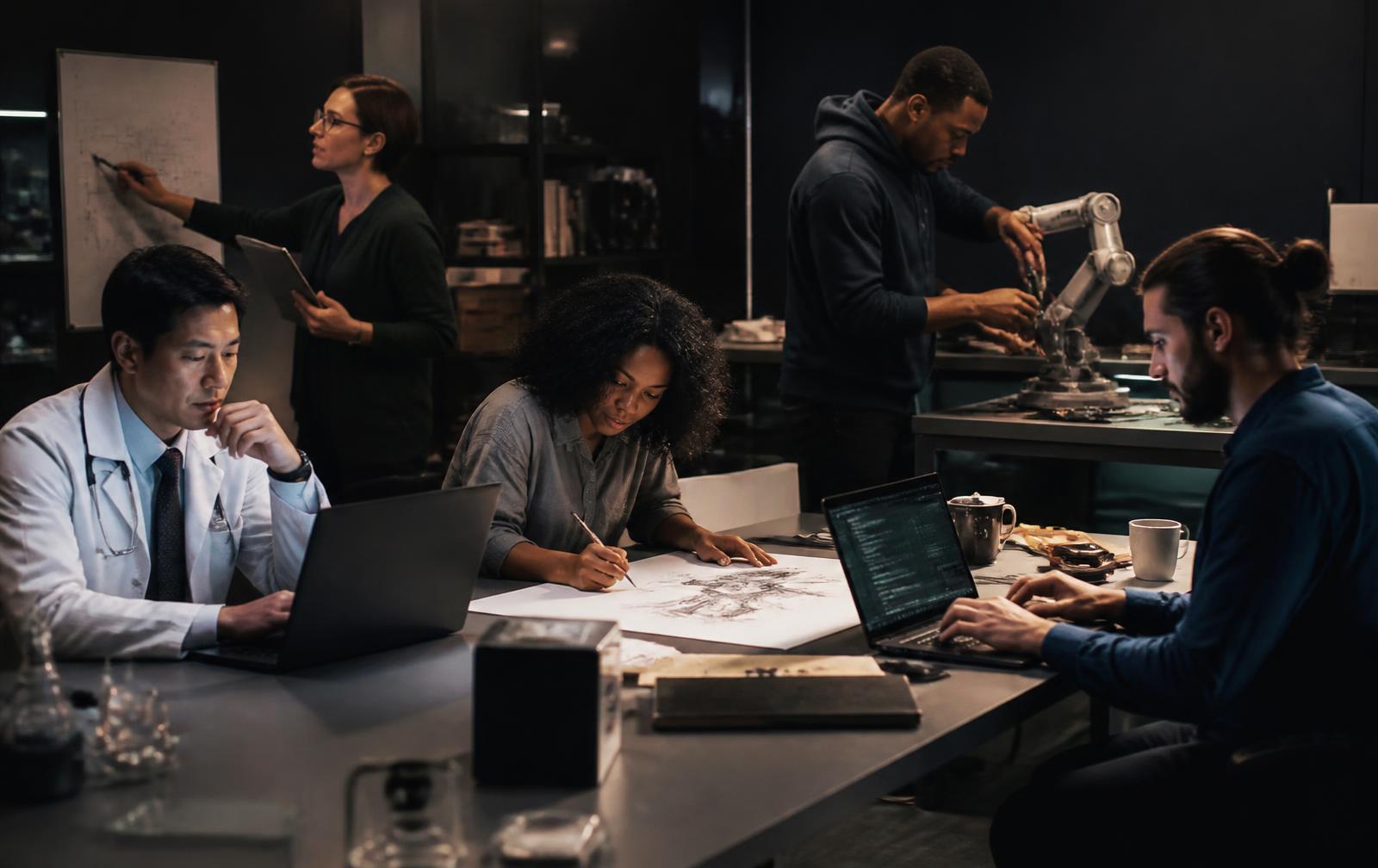 A doctor, a designer, a roboticist, a researcher and a programmer working together in a dark research space
