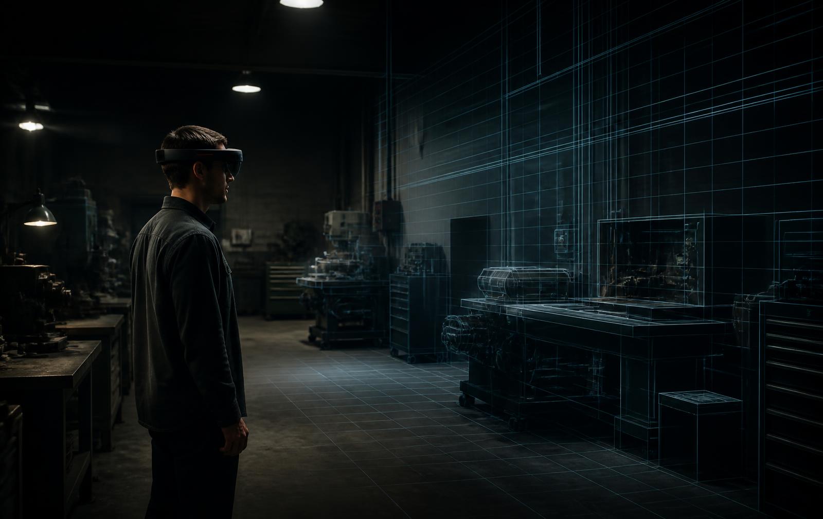 A person in a workshop perceiving the space through a spatial interface, the room partly reconstructed as thin spatial geometry