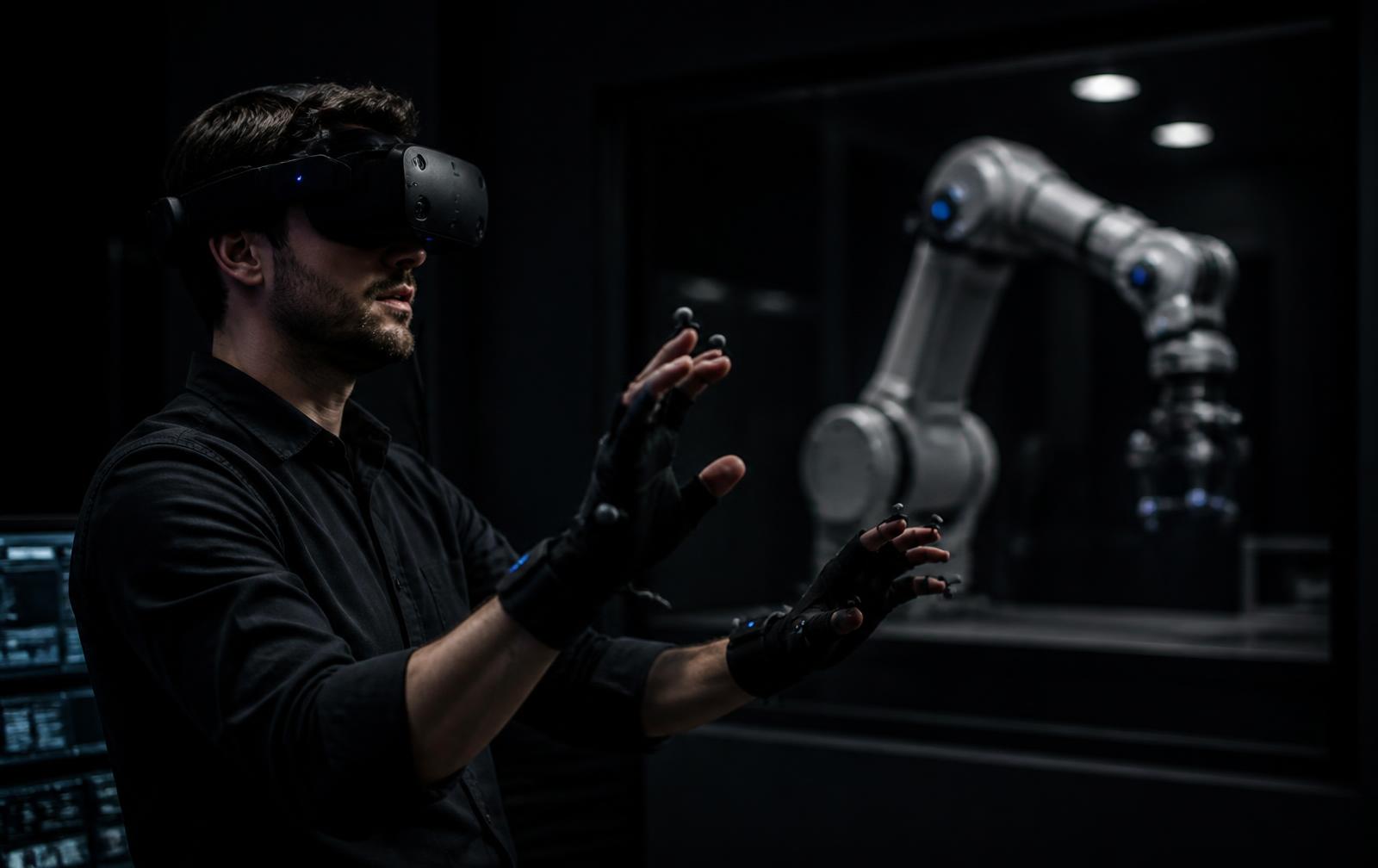 An operator wearing sensor gloves and a spatial headset while a robotic arm mirrors the motion behind glass
