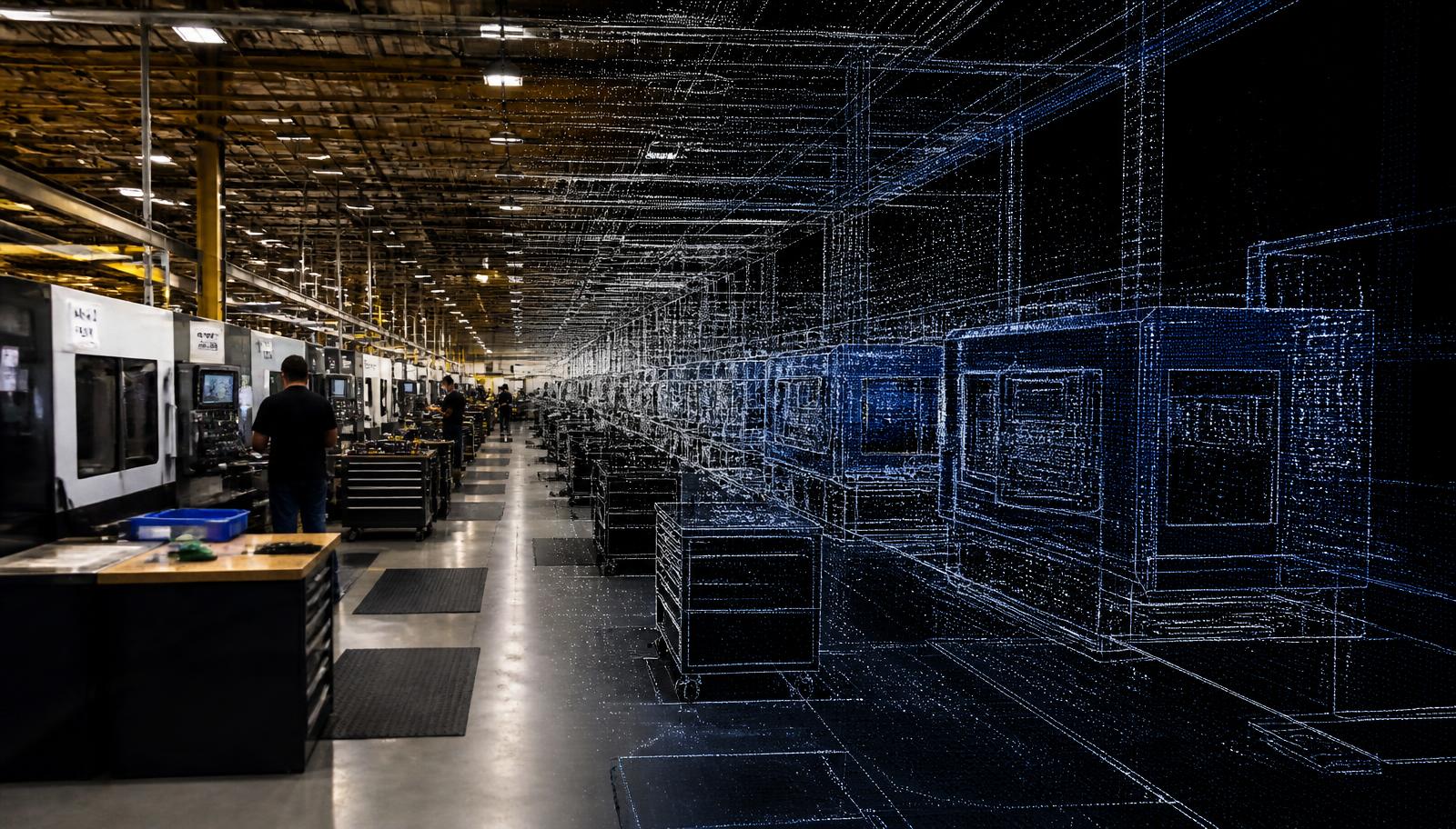 A real factory floor on the left transitioning into a spatial point-cloud reconstruction of the same scene on the right