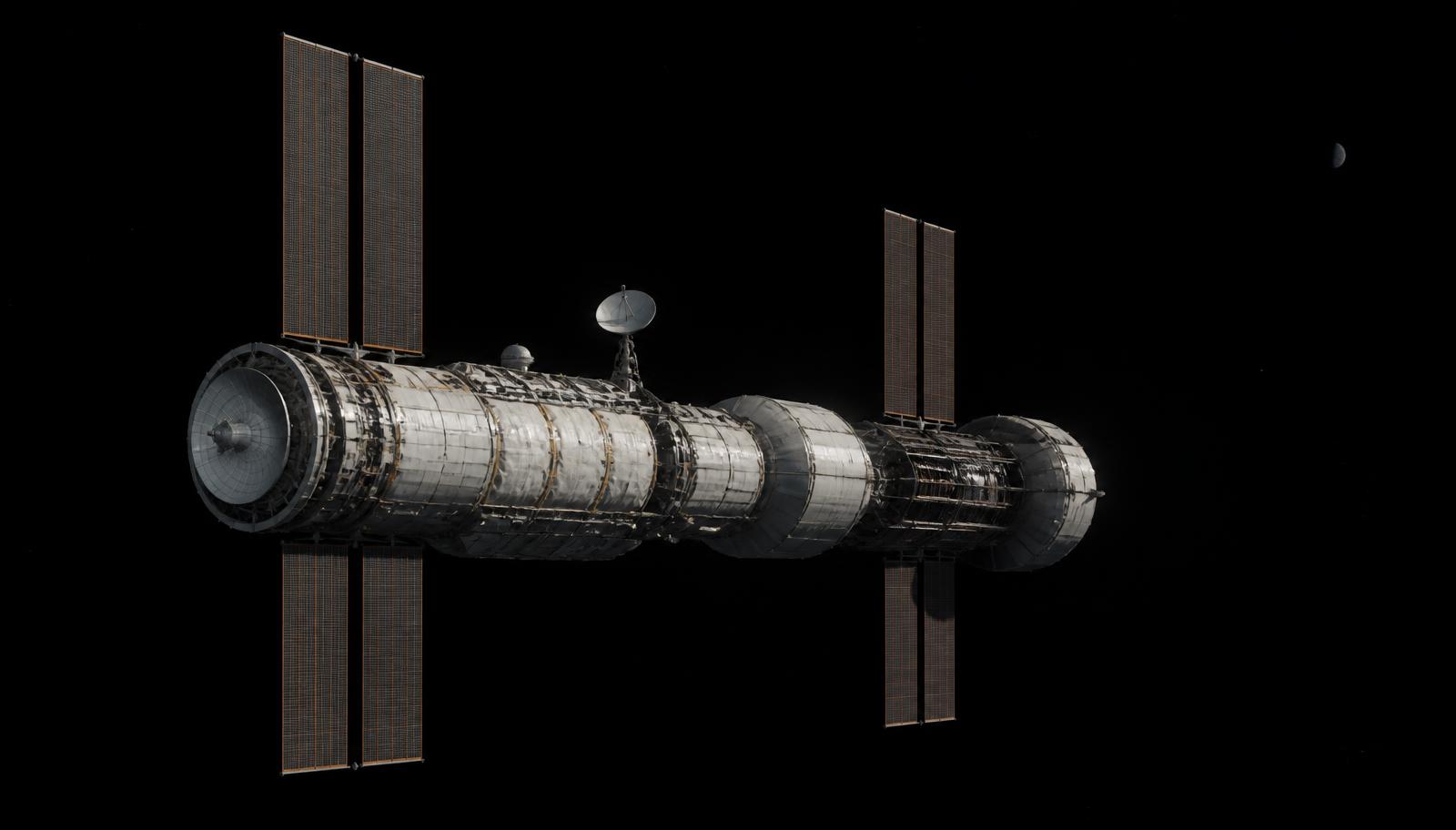Conceptual visualization of Sanctuary 1, a reusable interplanetary transportation platform in deep space